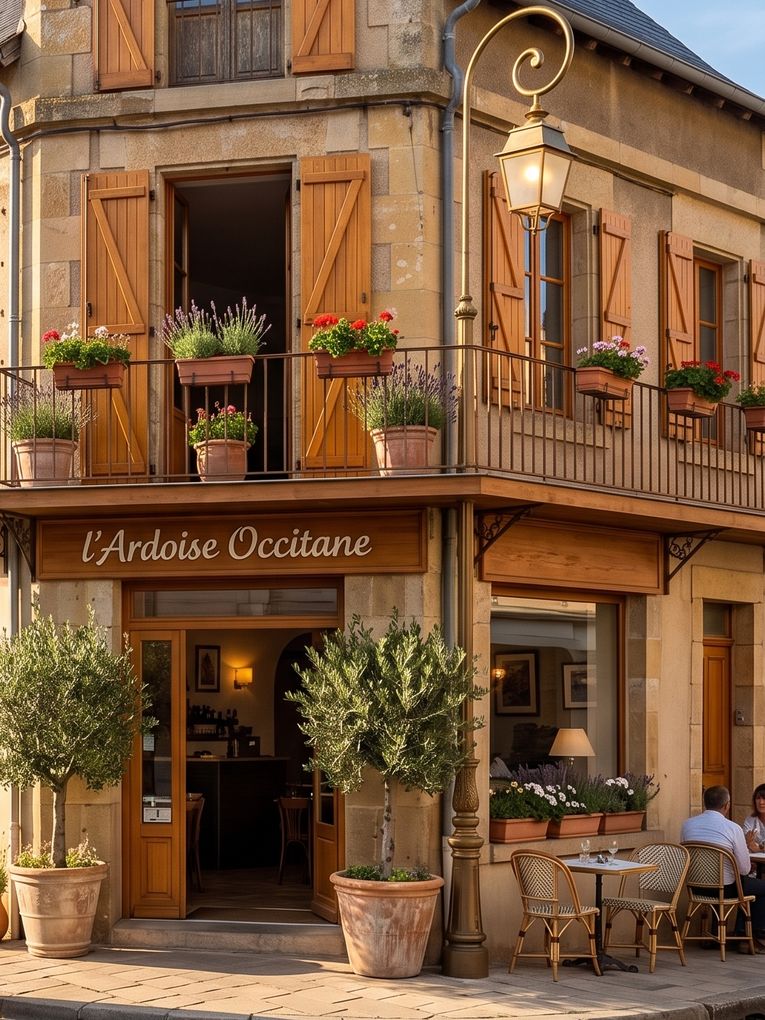 La devanture d'un café-restaurant de village en fin de journée, son enseigne « l'Ardoise Occitane », ses oliviers en pot et sa terrasse