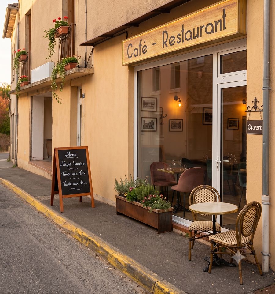 La devanture éclairée d'un café-restaurant à la tombée du jour, sa terrasse dressée et son ardoise du soir